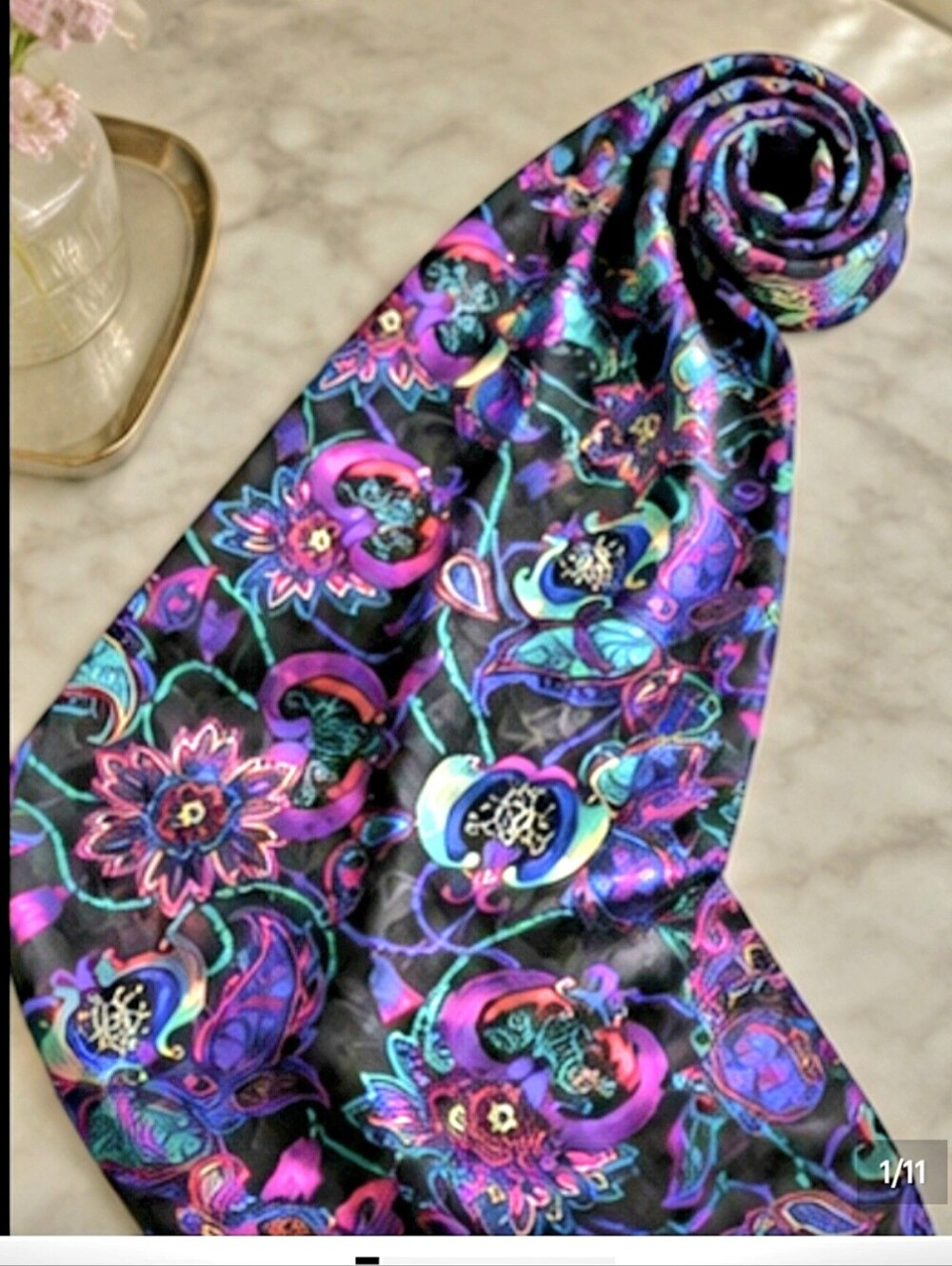 Silk Hand Rolled 3d Sheer Floral Print Long Scarf in Black and Purple And  Pink